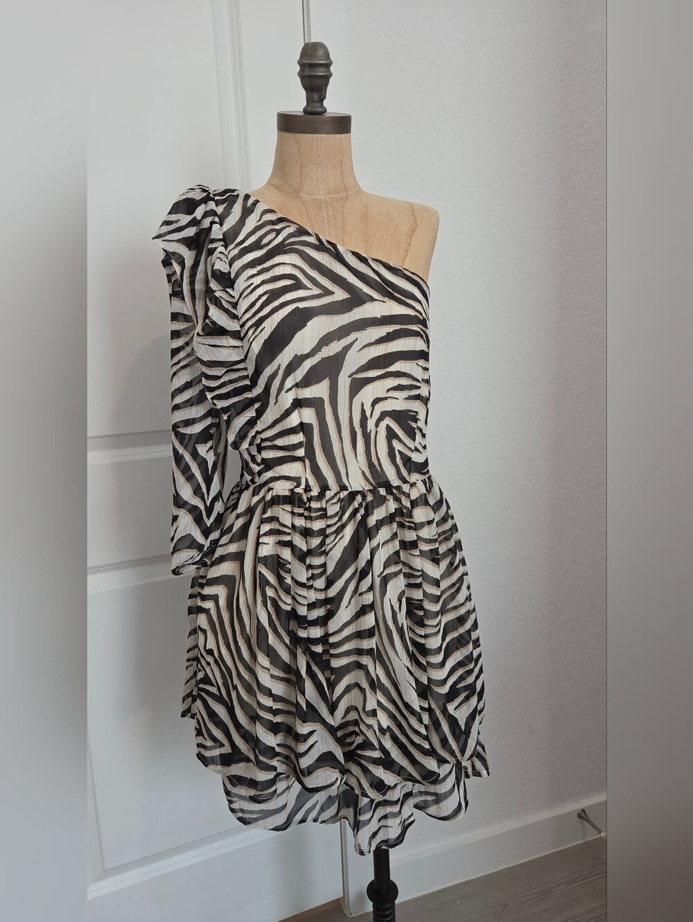 Express One-Shoulder Zebra-Print Mini Dress - Black and White